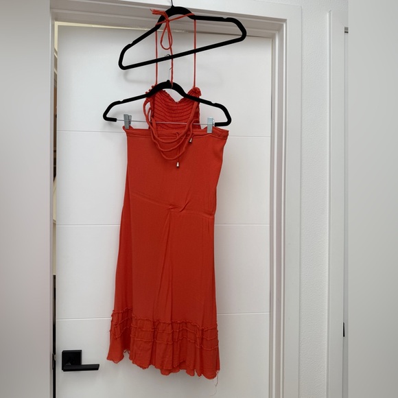 Amazon Red Boho Halter Maxi Dress Smocked Bodice Ruffle Hem Summer Chic Size M - Picture 7 of 11